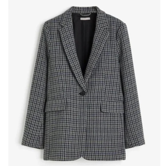 H&M Single-Breasted Houndstooth Blazer - Grey Blue Brown Green - US M - Picture 3 of 11